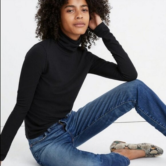 Madewell Turtleneck Top Tee Ribbed Long Sleeve High Neck Black Cotton Stretch - Picture 2 of 7